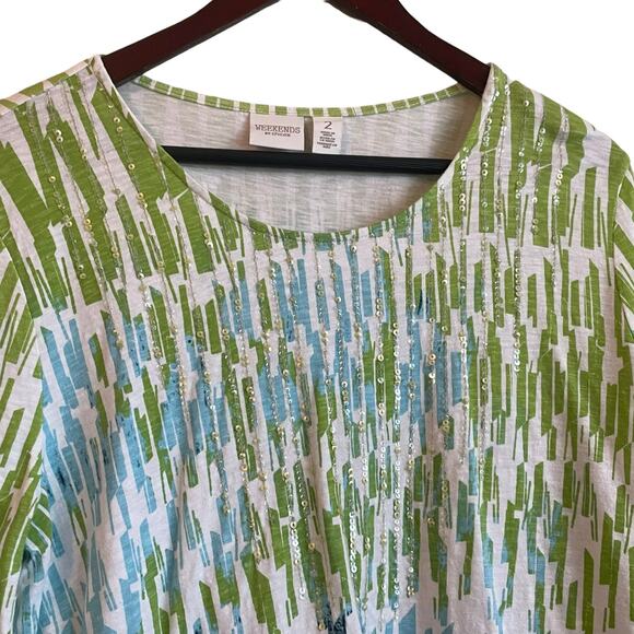 Chicos Women‎ Top L Blue Green 3/4 Sleeve Sequins Cotton Colorful Beachy Cruise - Picture 10 of 10